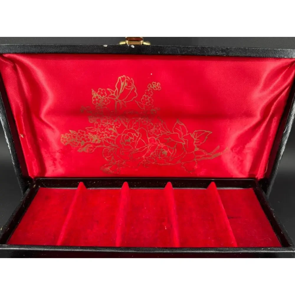 Vintage 1950s Jewelry Box Black Gold Tooled Red Velvet Lift Tray 12.5